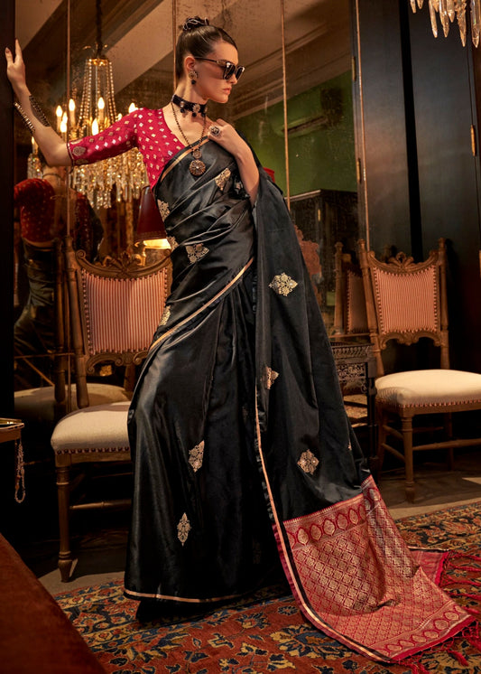 Banarasi satin silk black saree usa price with fall pico service.