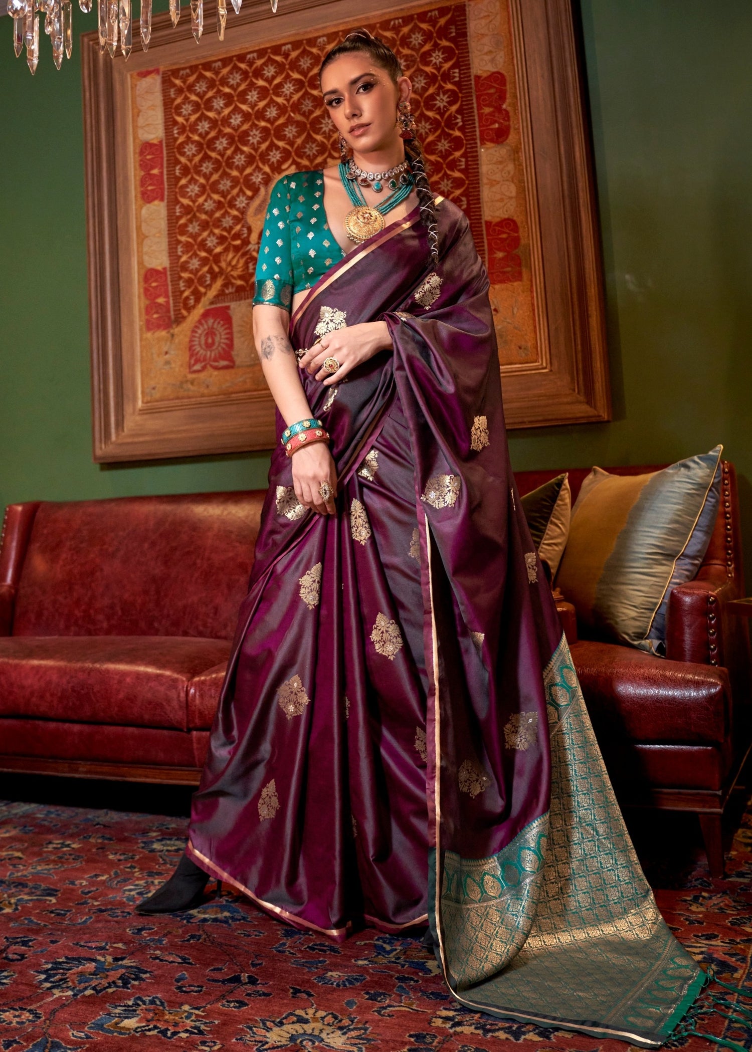 Pure banarasi satin wine saree usa online shopping for bride & bridesmaids.