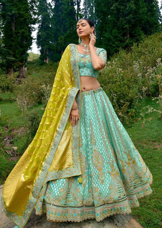 Mustard Yellow Bridal Lehenga In Net With Mirror Work Choli And Dainty  Florals Of Pearl-Diamond And Kundan All Over - Aara Couture
