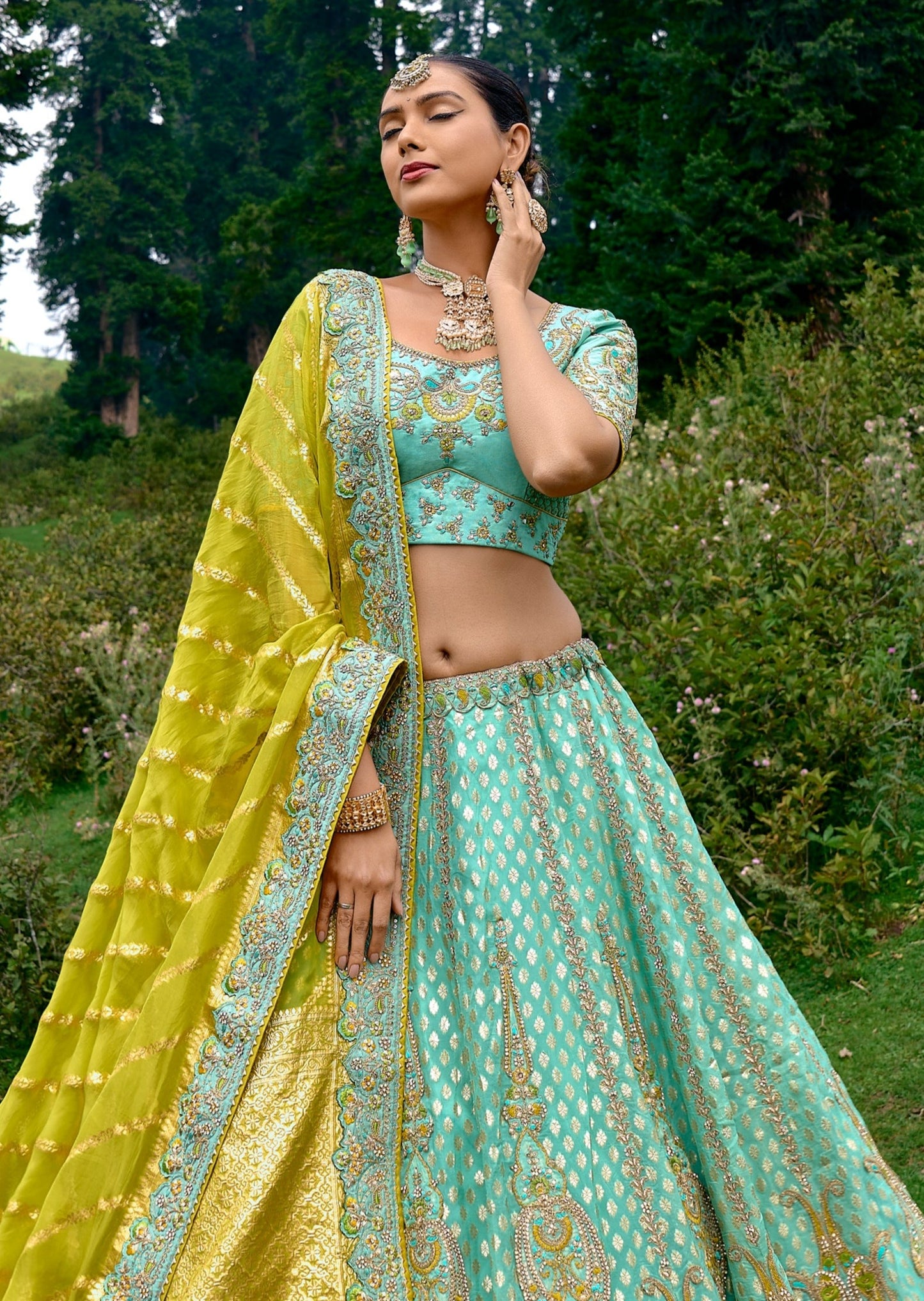 Banarasi silk blue designer lehenga choli traditional design for wedding online shopping.