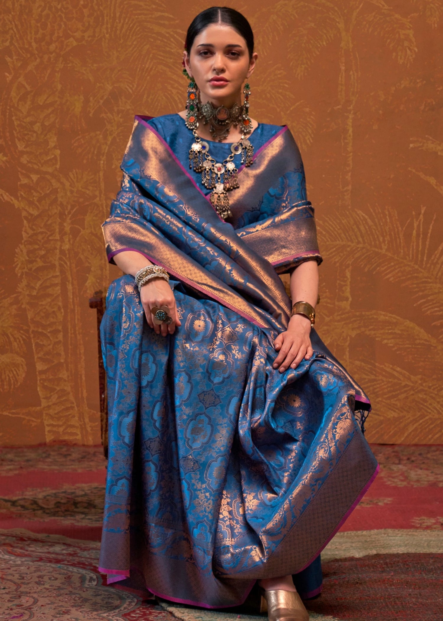 Shop banarasi silk royal blue saree in usa uk online with price for indian bride.