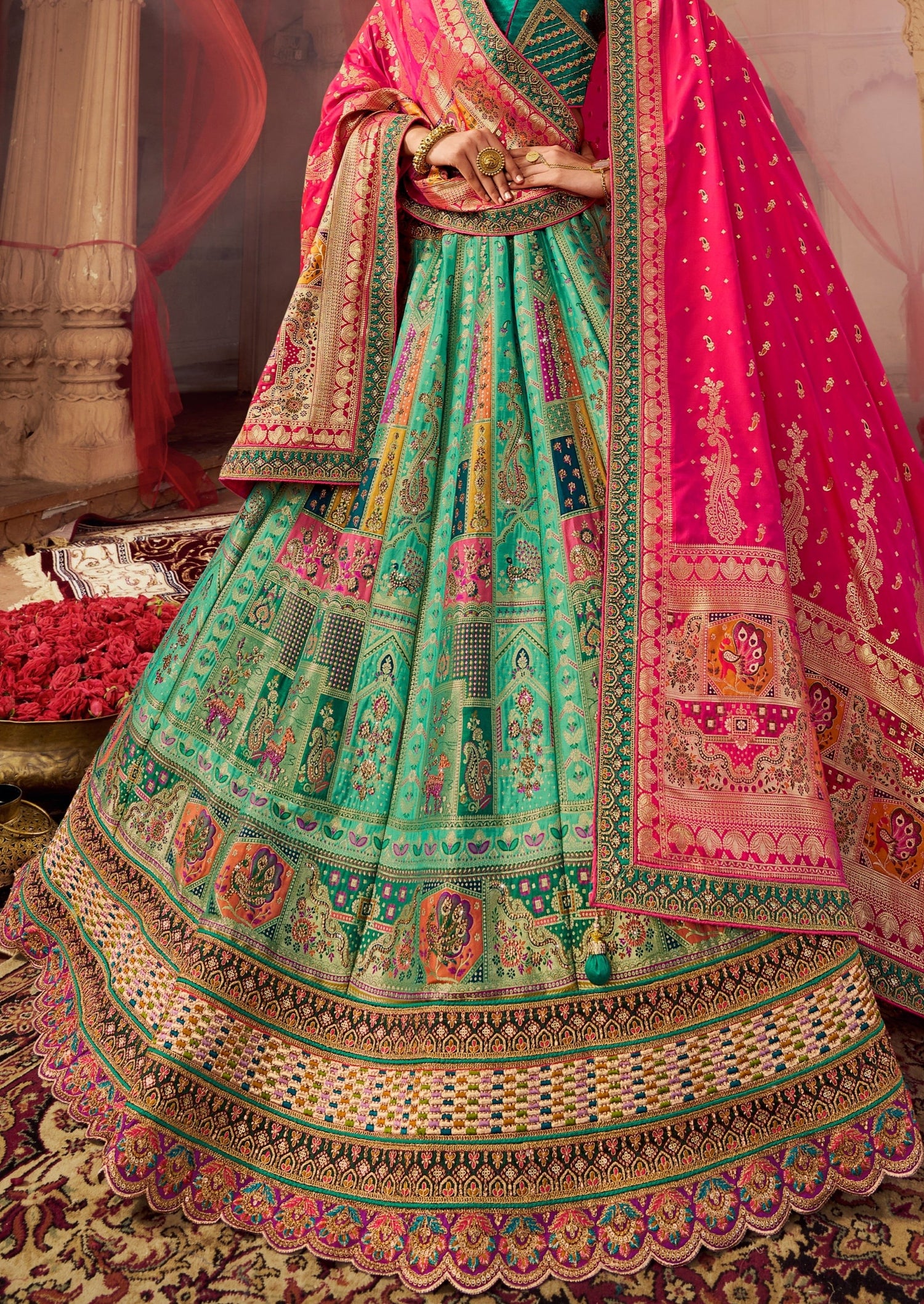 Banarasi silk lehenga design in green color.