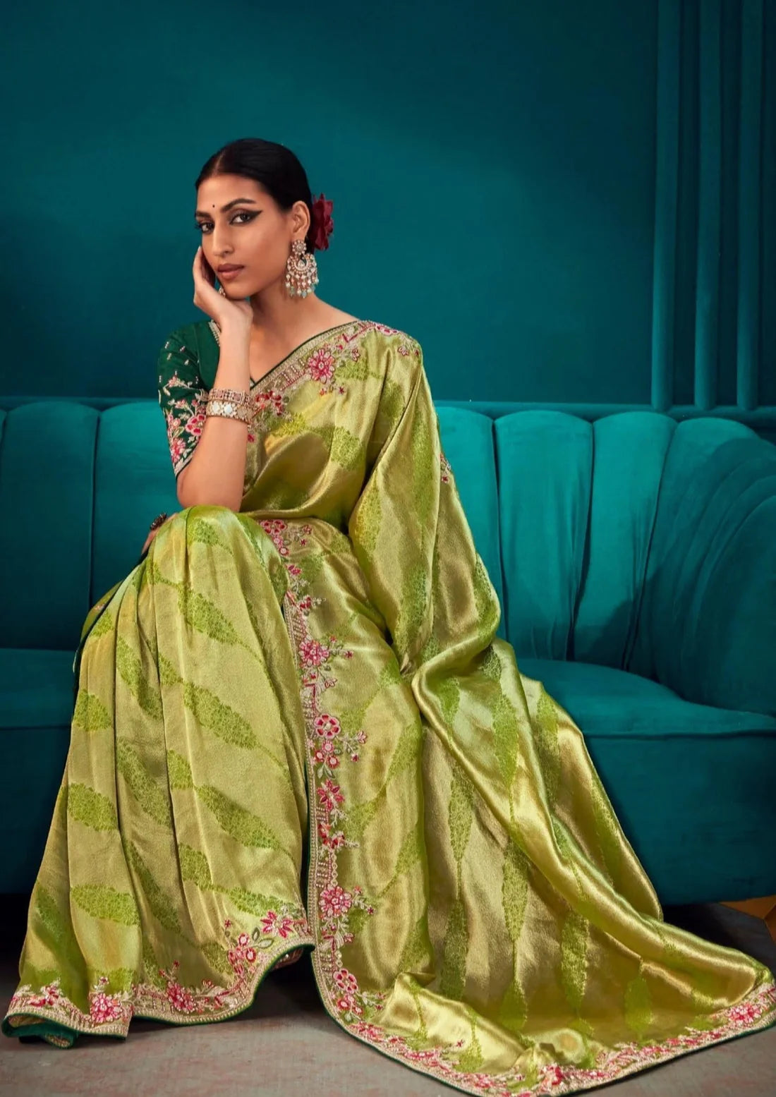 Banarasi silk embroidery work lawn green bridal saree online for wedding.