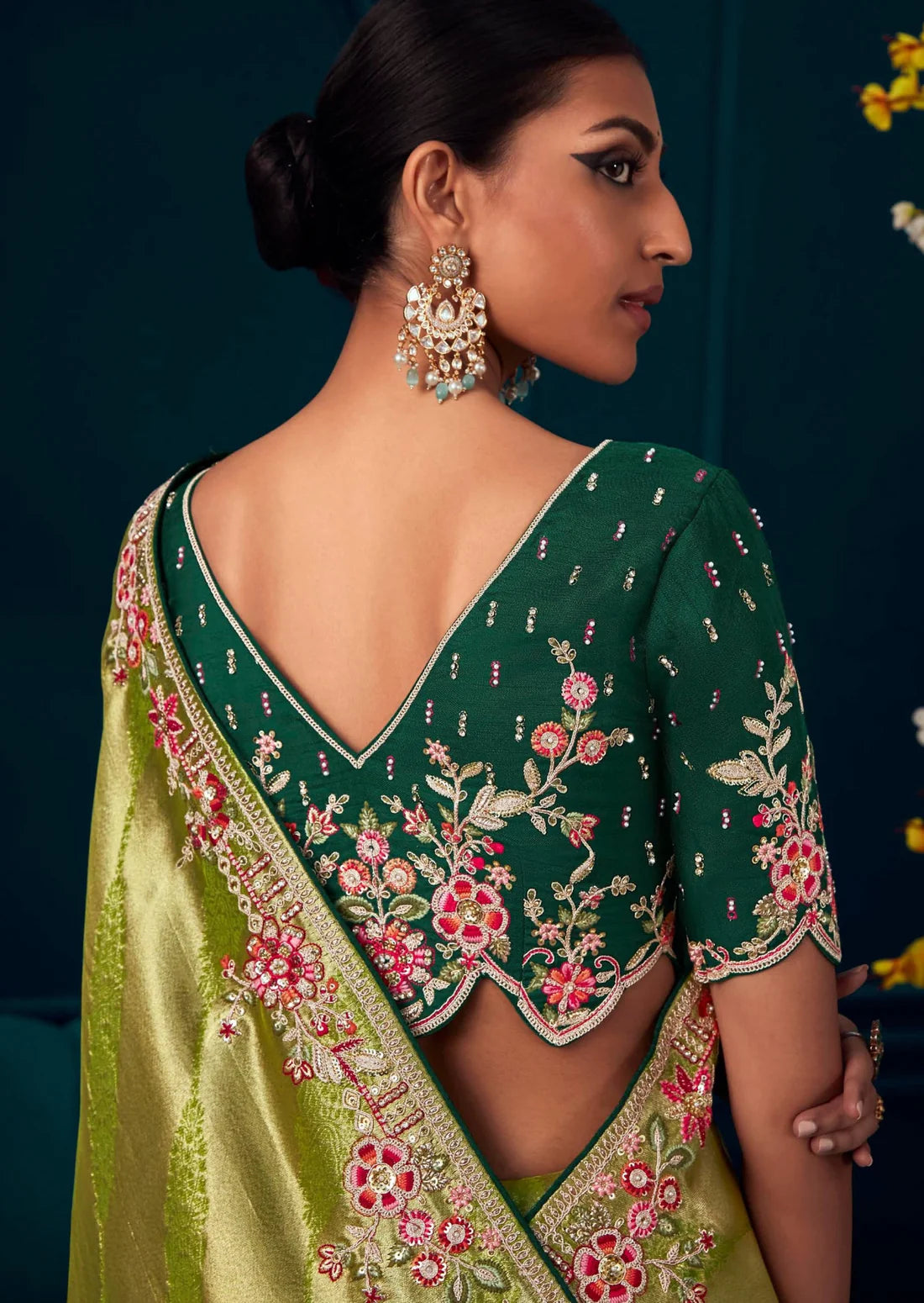 Banarasi silk embroidery work lawn green bridal saree online with price.