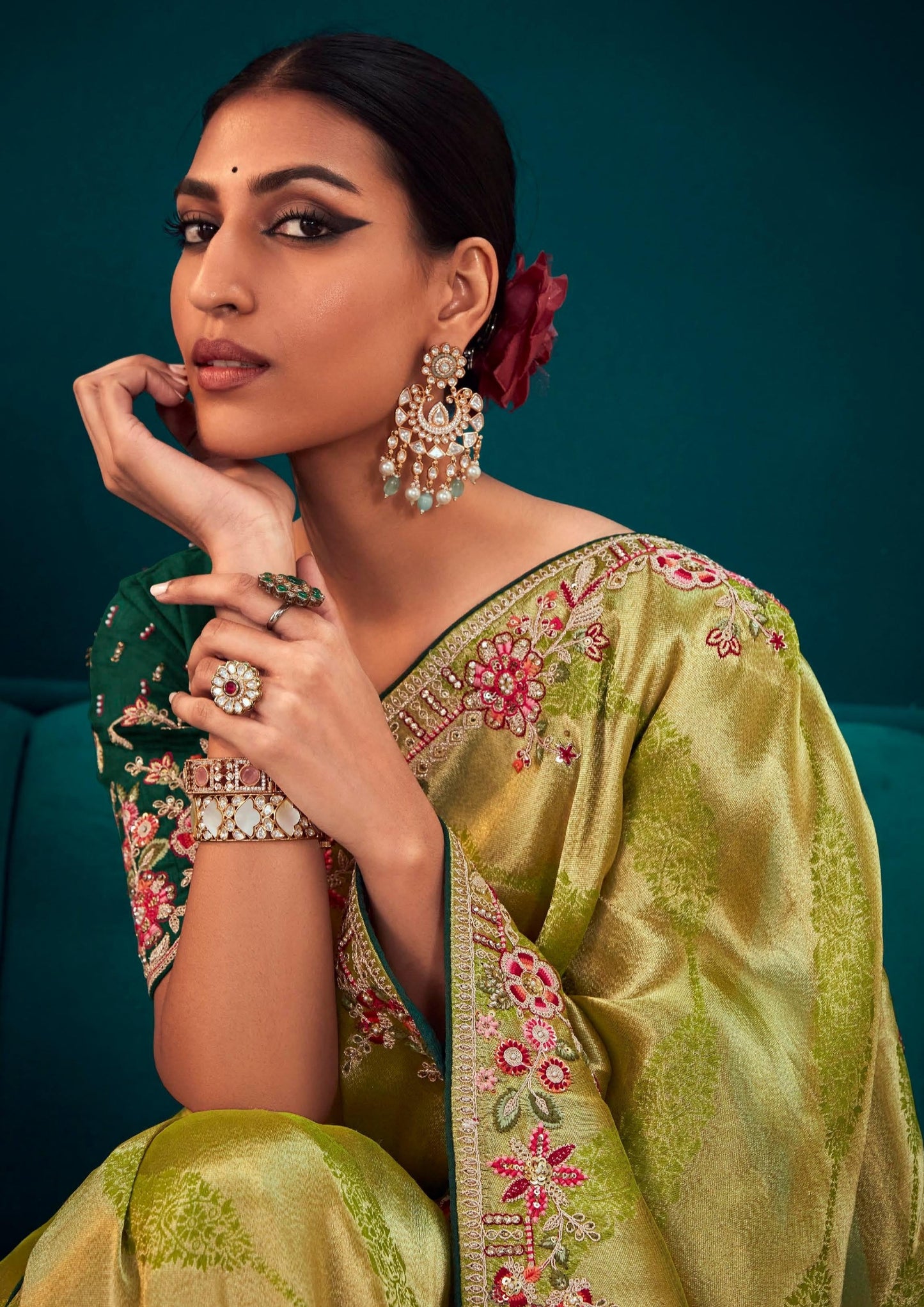 Banarasi silk embroidery work lawn green bridal saree online.