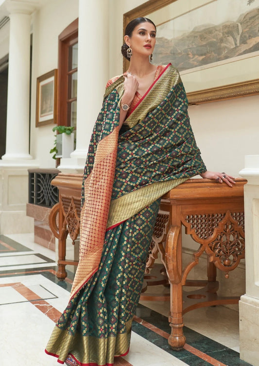 Banarasi silk forest green bandhani saree blouse design.