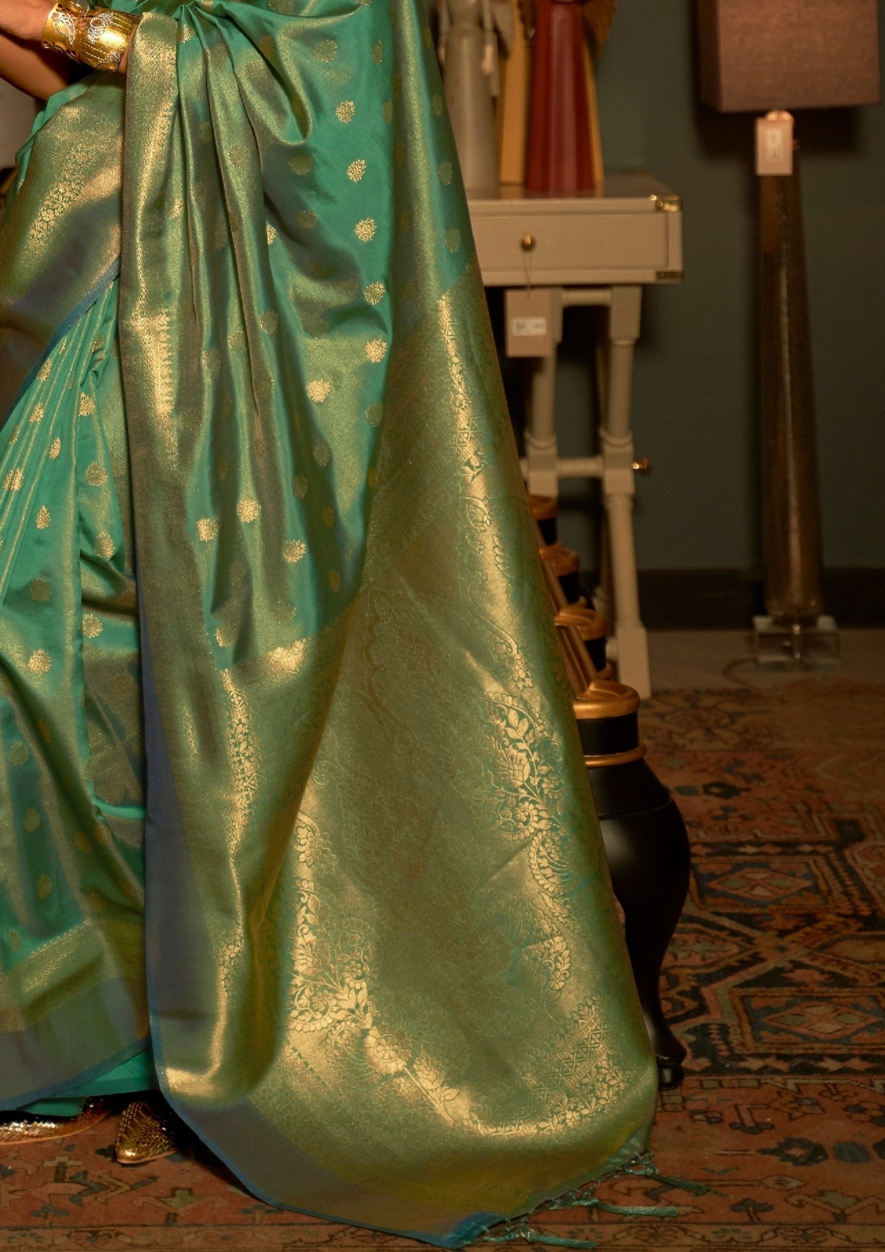Banarasi Silk Green Handloom Bridal Saree Pallu Design with Golden Border