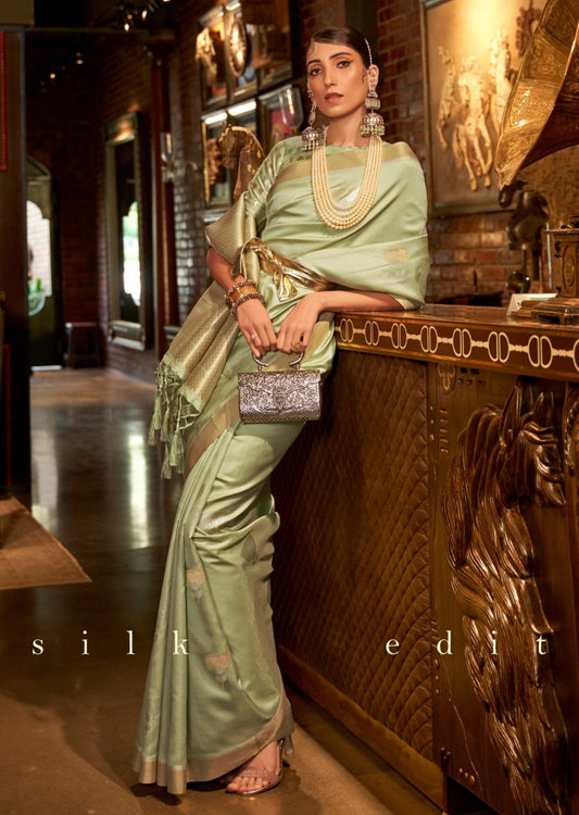 Pure banarasi silk handloom pista green saree online usa shopping.