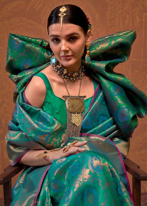 Soft banarasi silk green saree in usa online shopping for bridal look with fall pico.