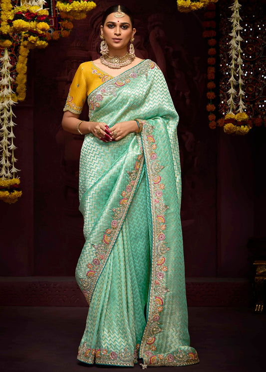 Banarasi silk green and yellow luxury saree online shopping with heavy hand embroidery work.