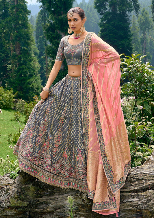Banarasi silk grey designer bridal lehenga choli online shopping for wedding india.
