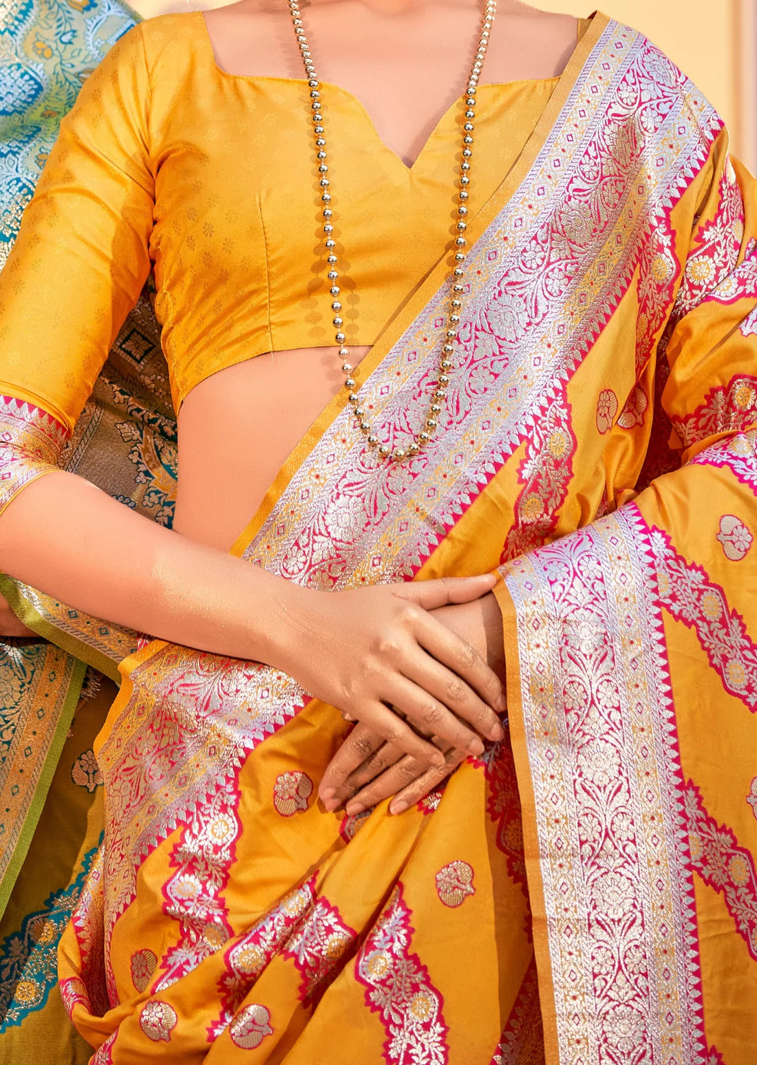 Banarasi silk haldi yellow saree blouse online shopping india.
