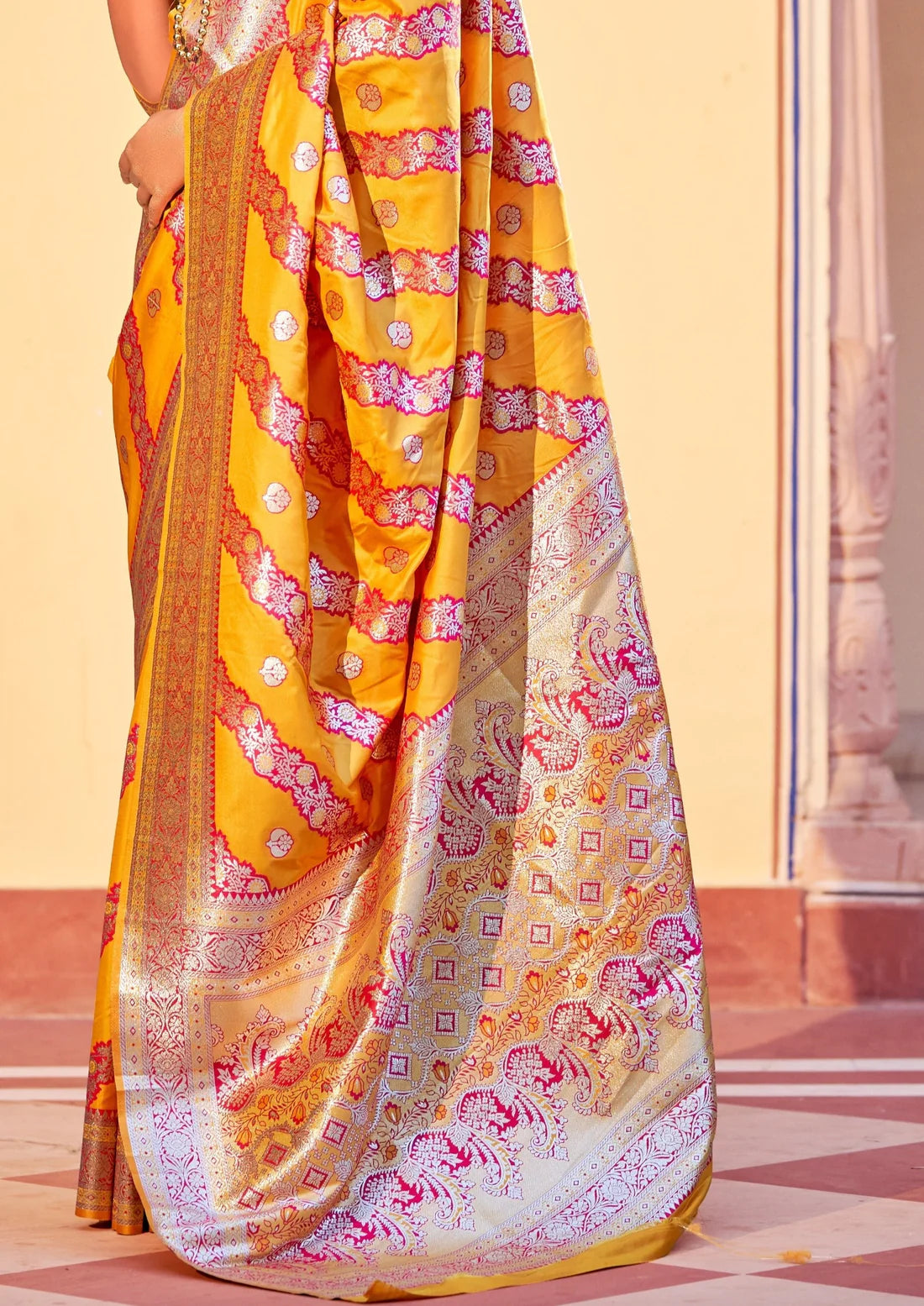 Banarasi silk haldi yellow saree pallu design online with price.