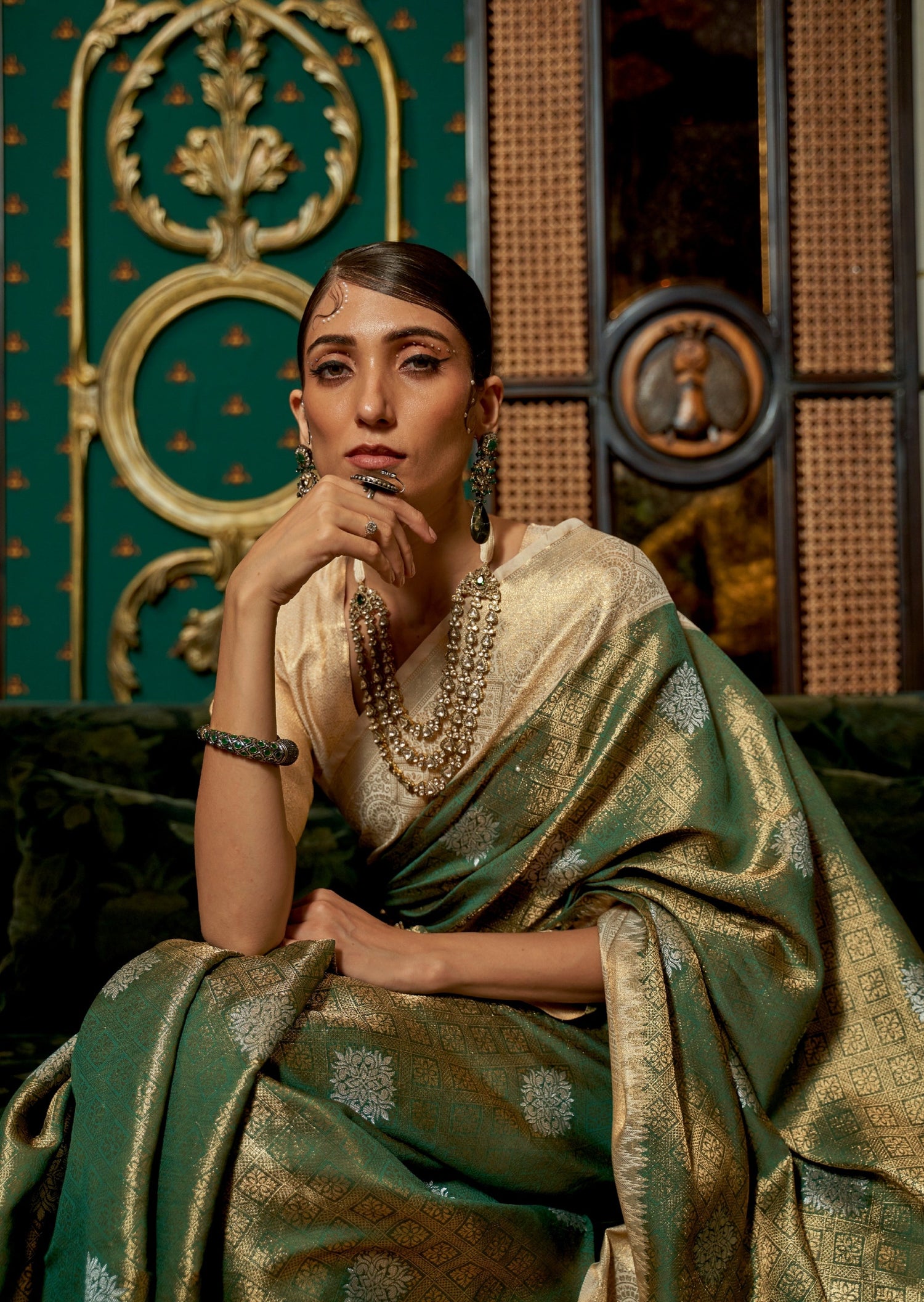 Banarasi silk handloom green saree usa uk online shopping with contrast cream color blouse.