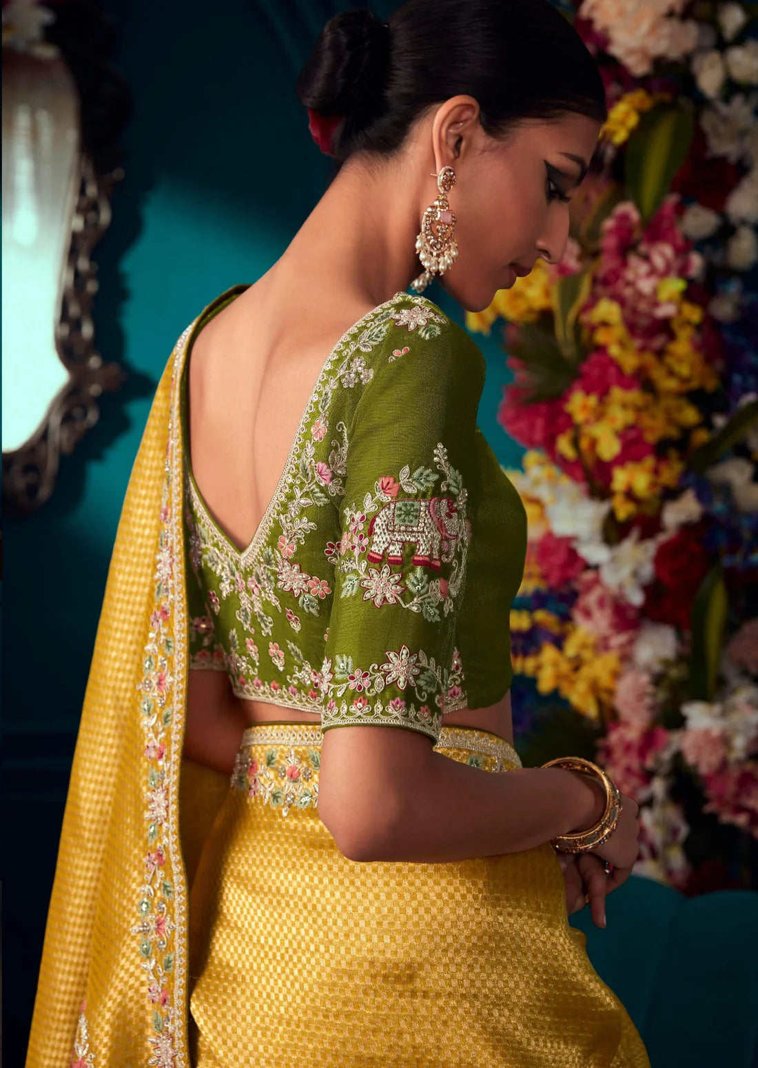 Banarasi silk handwork embroidered yellow saree online for bride haldi ceremony.