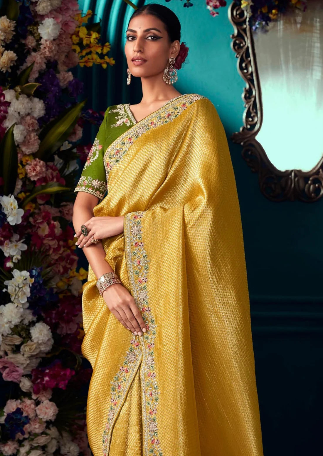 Banarasi silk handwork embroidered yellow saree online for haldi ceremony wedding.