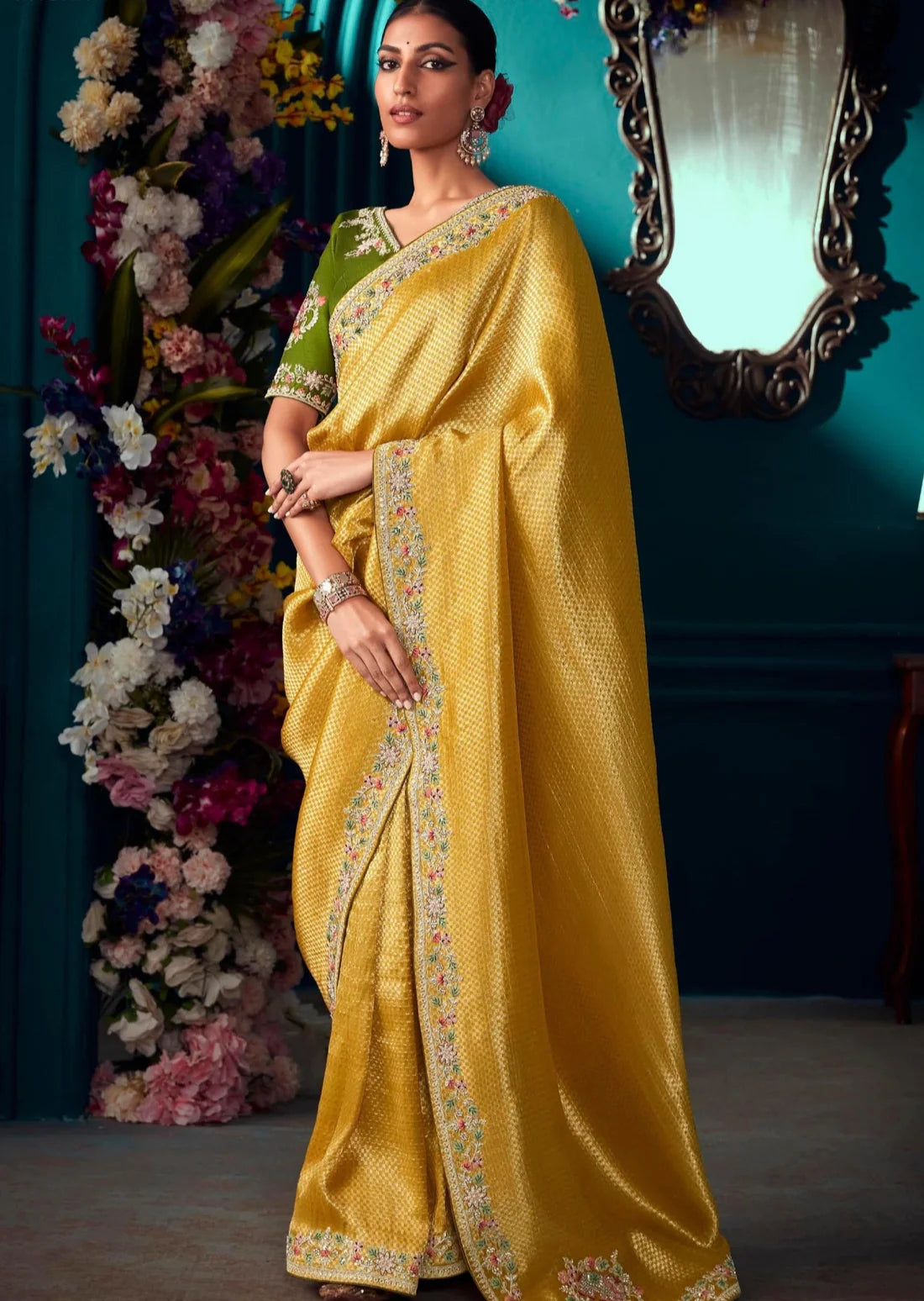 Banarasi silk handwork embroidered yellow saree online for haldi ceremony.