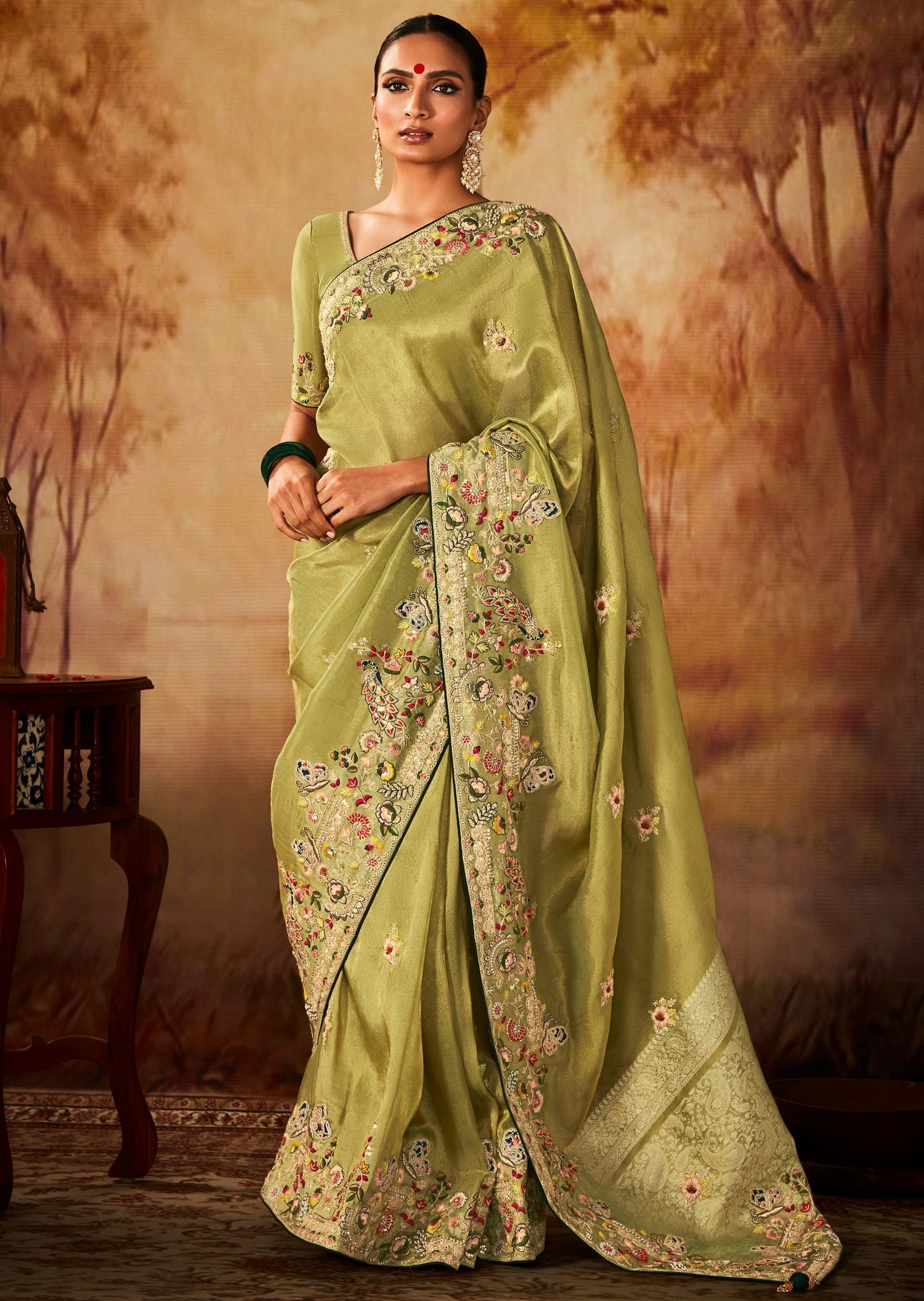 Banarasi silk handwork embroidery light green bridal saree online price usa uk uae.