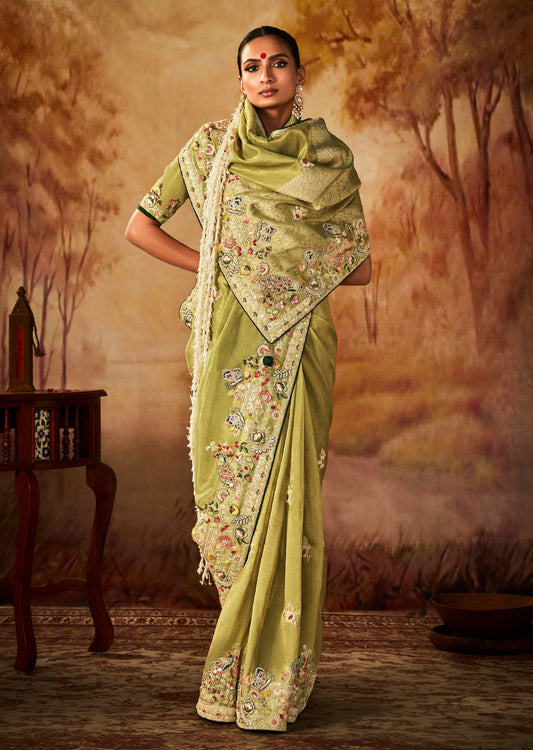 Banarasi silk handwork embroidery lime green bridal saree online price usa uk uae.