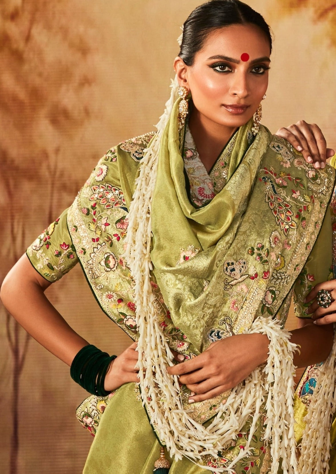 Banarasi Silk Embroidery Work Lime Green Bridal Saree