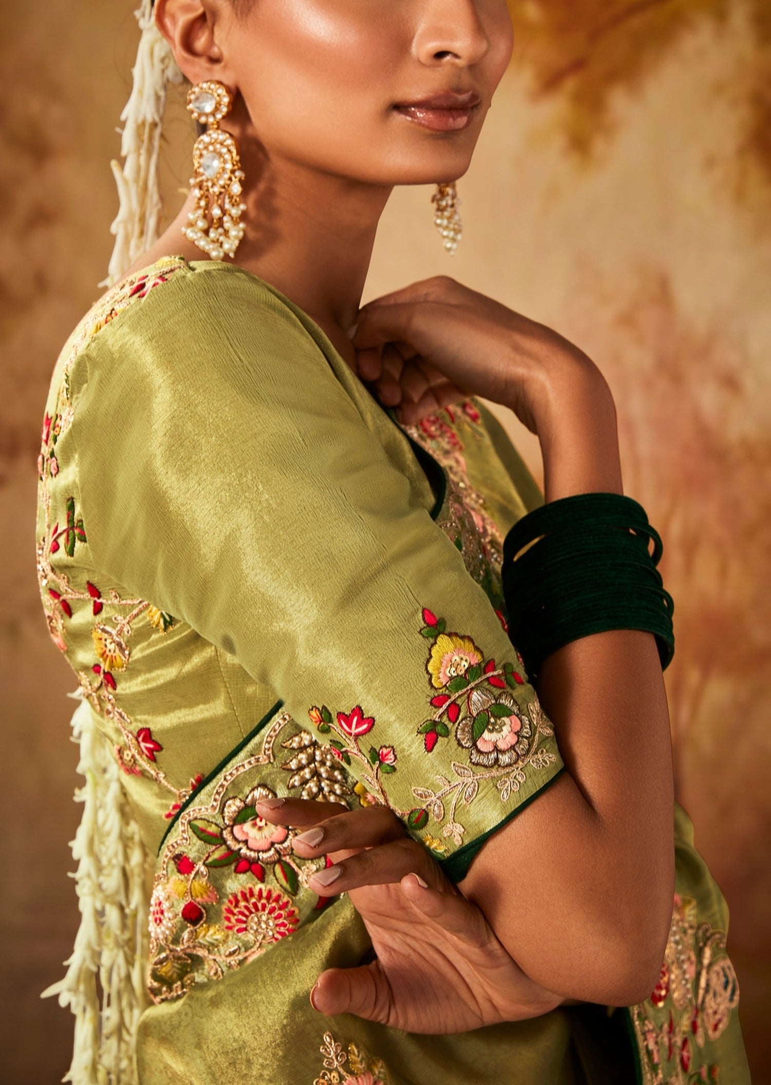 Banarasi silk handwork embroidery lime green zari saree online usa uk uae.