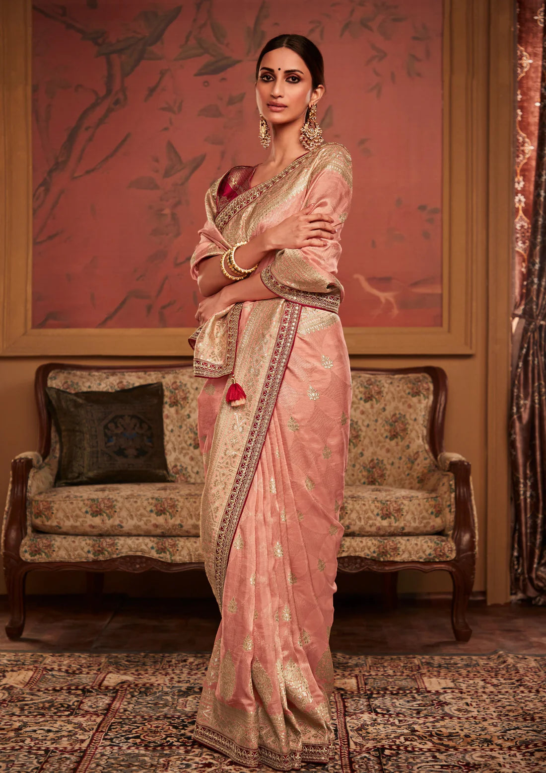 Banarasi silk handwork embroidery peach bridal saree online for wedding.