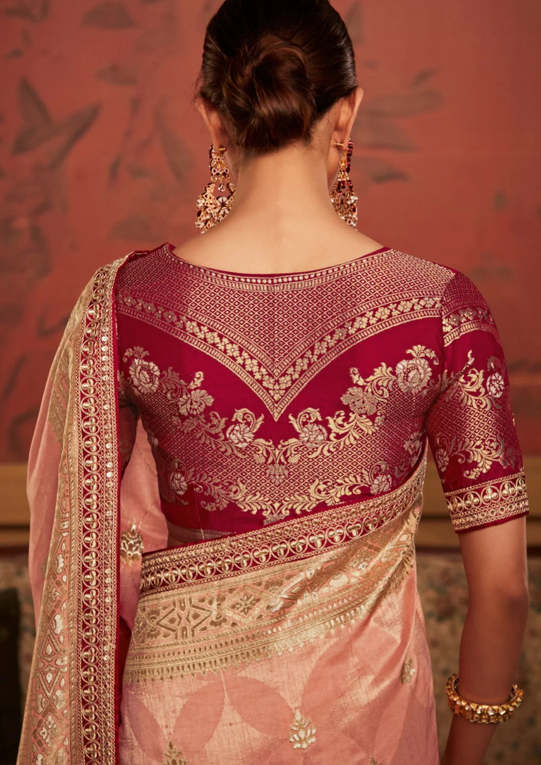 Banarasi silk handwork embroidery peach bridal saree online shopping.