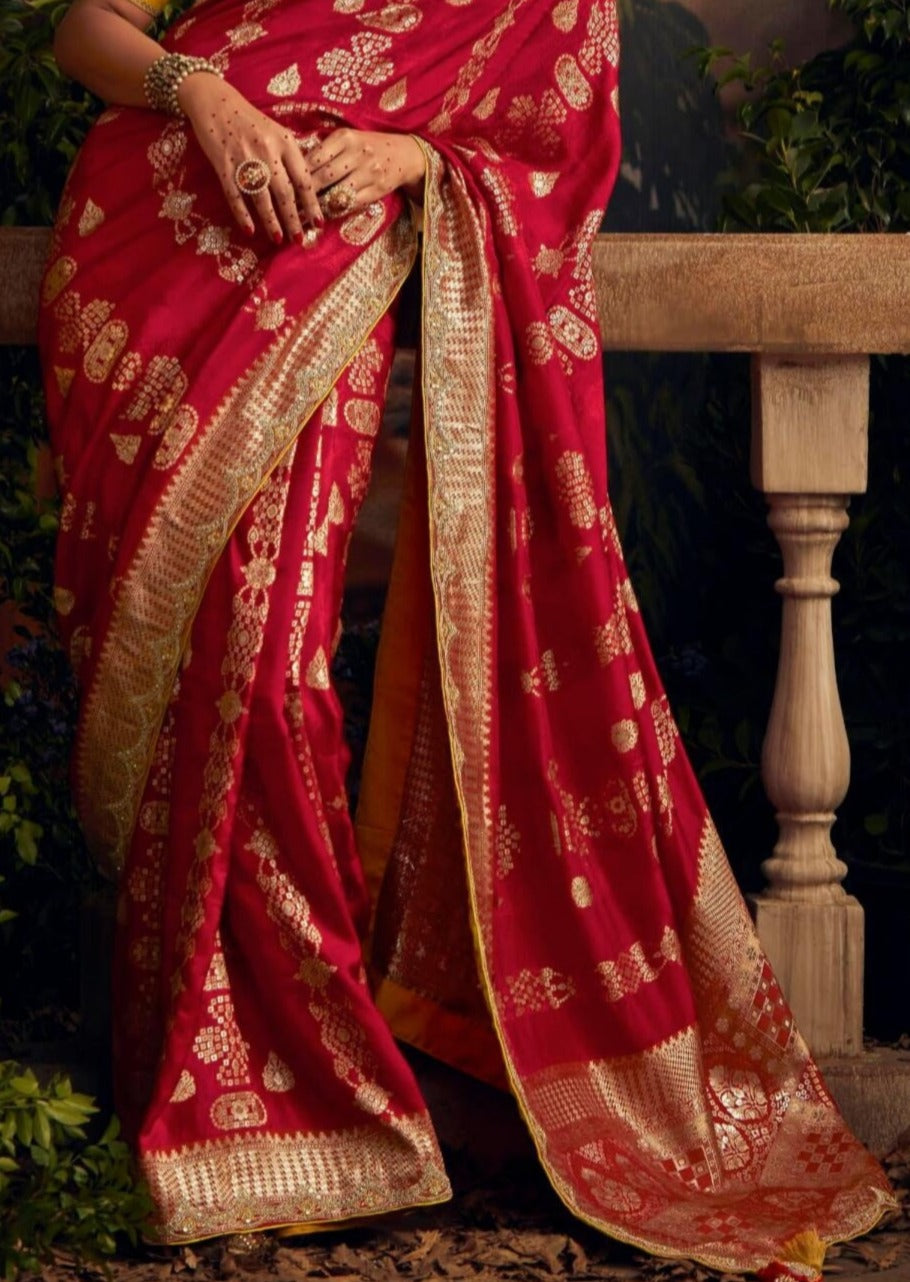 Banarasi silk handwork embroidery red bridal saree online for wedding & party wear.
