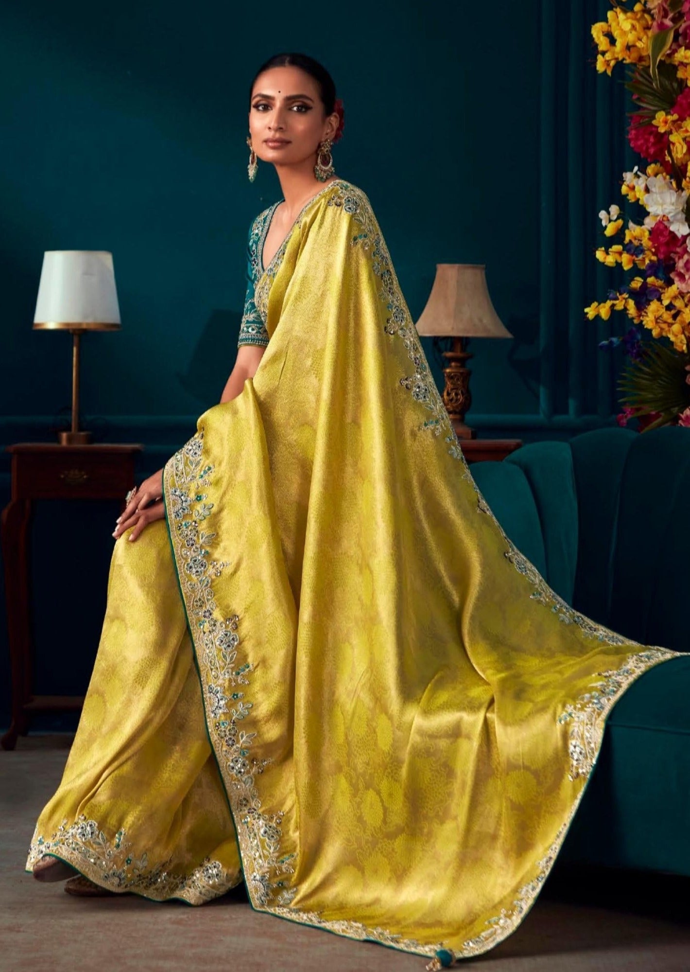 Banarasi silk handwork embroidery yellow blue saree online for bride haldi function.