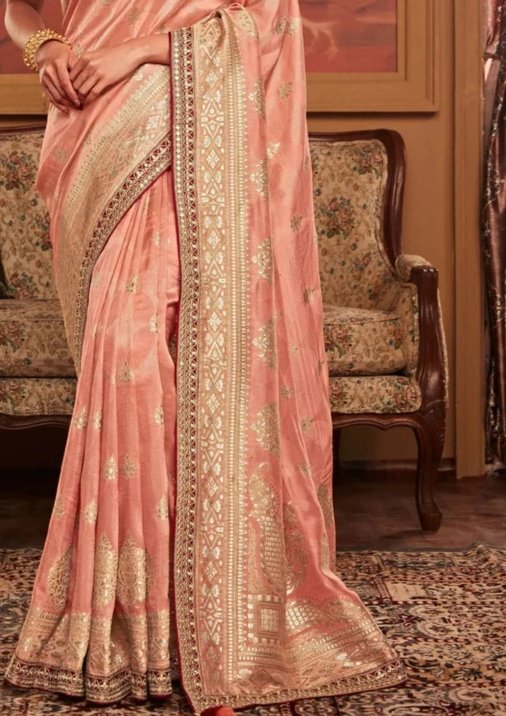 Shop banarasi silk handwork embroidery peach bridal saree online for wedding.