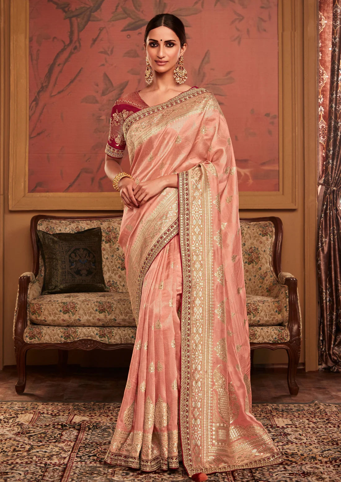 Banarasi silk handwork peach bridal saree online shopping.