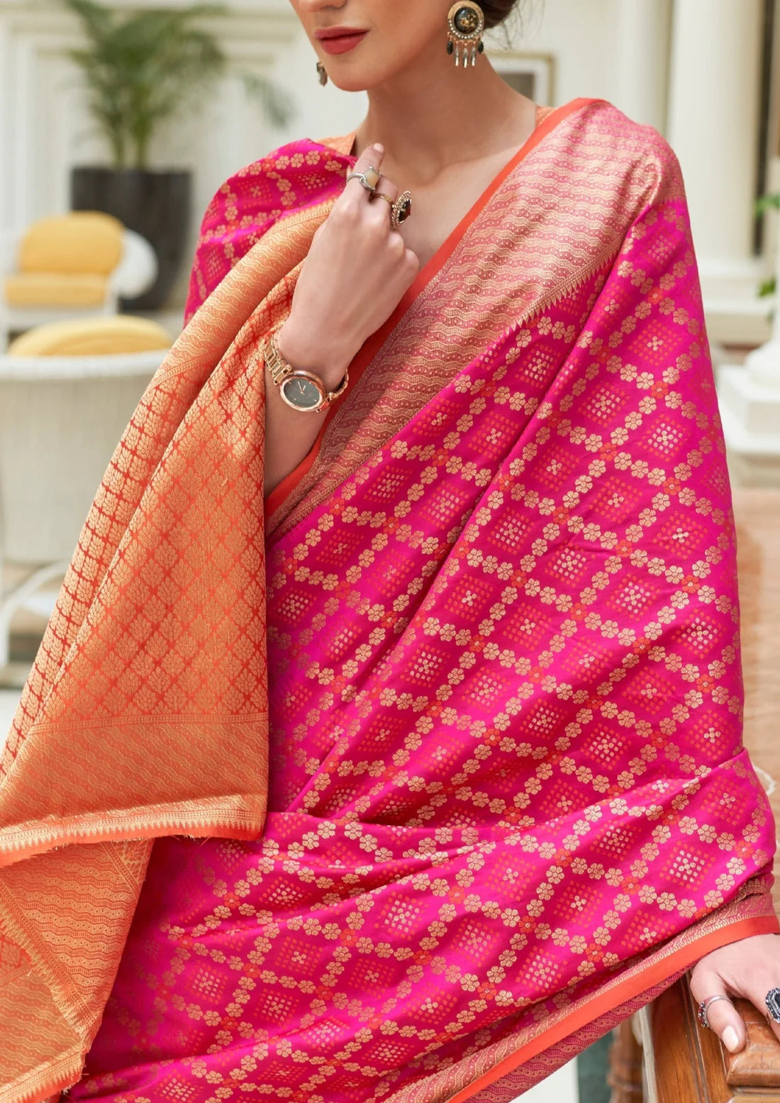 Banarasi silk hot pink bandhani bridal saree design online shopping with price.