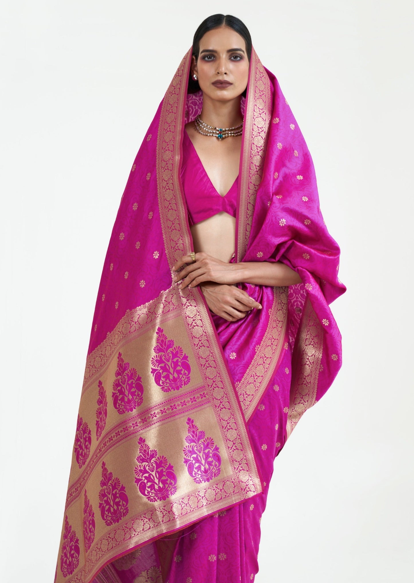 Banarasi silk hot pink bridal saree online shopping.
