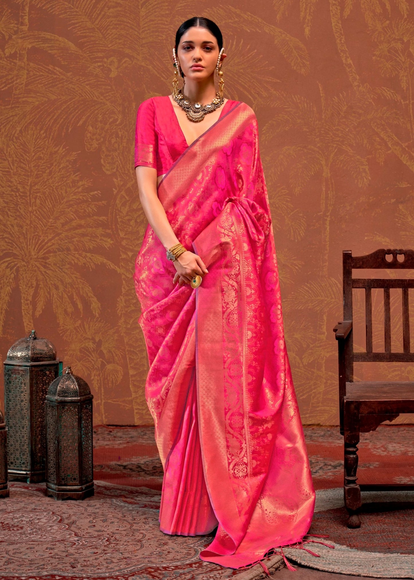 Soft banarasi silk hot pink saree in usa online shopping for wedding look with price.