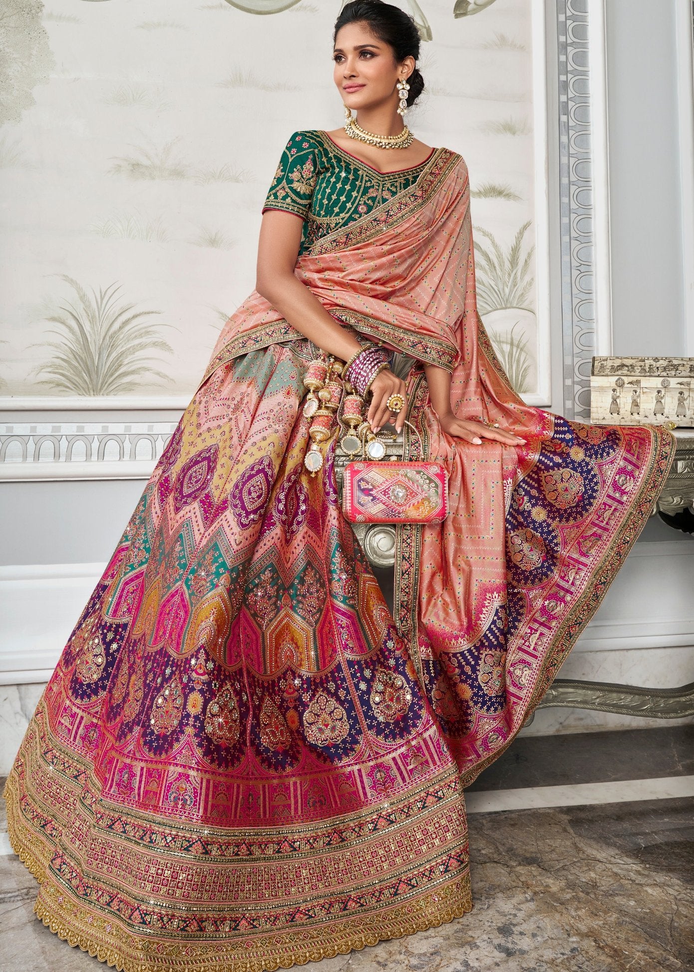 Banarasi silk lehenga choli in london uk online with price for wedding function and bridal wear in multicolor design.