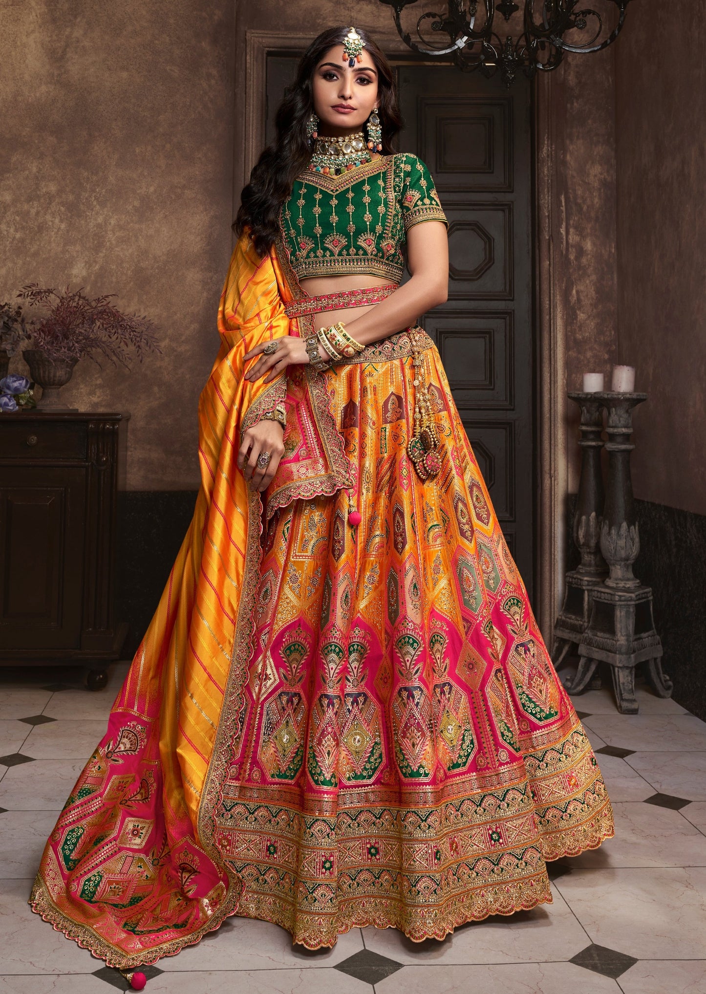 Banarasi silk yellow lehenga choli usa online shopping price for wedding.