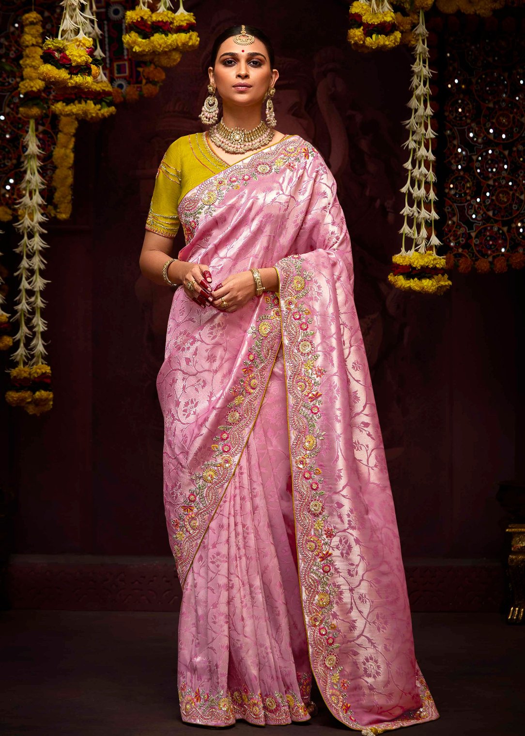 Banarasi silk light pink handwork embroidery bridal saree online for bride.