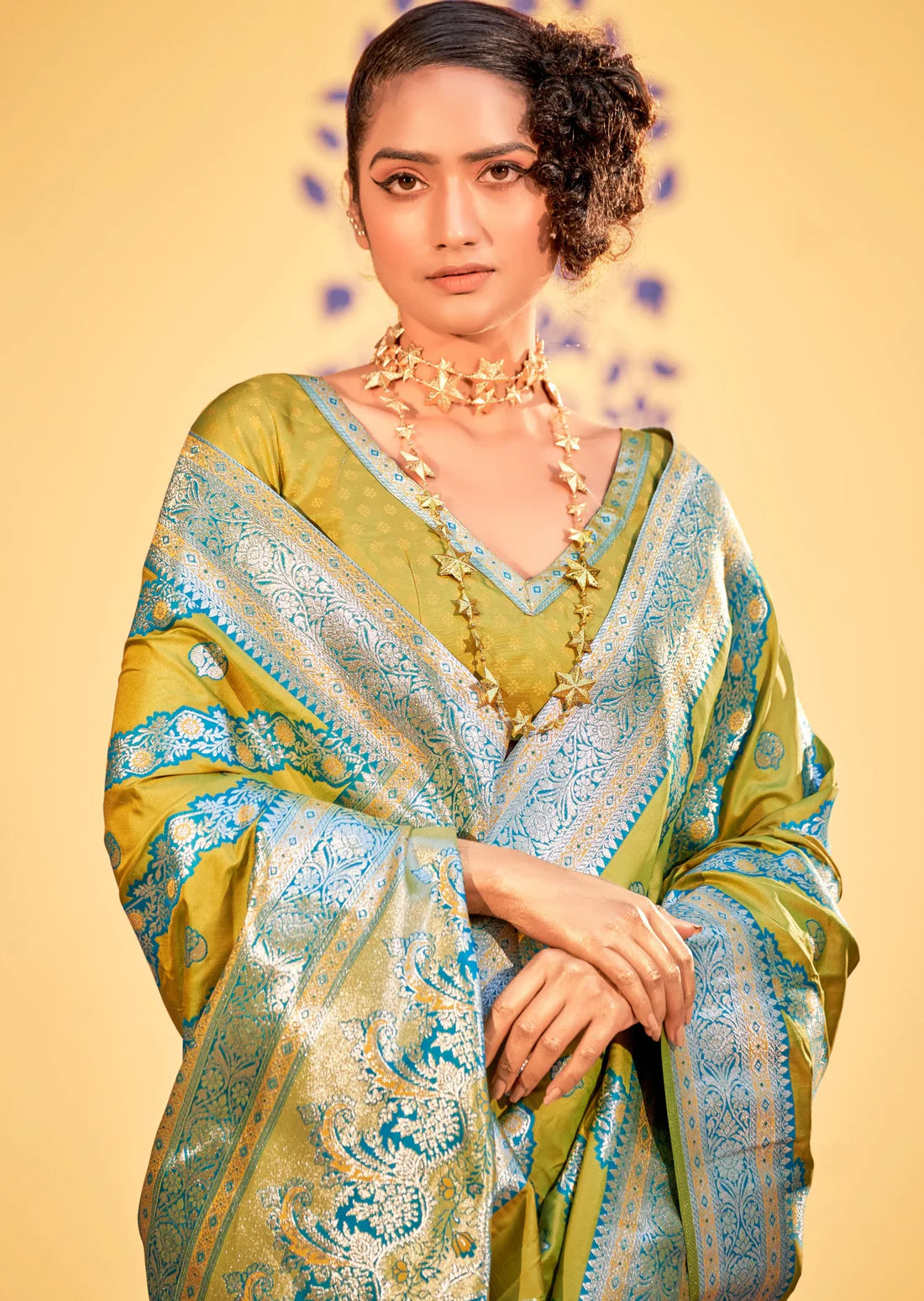 Banarasi silk mustard yellow saree online shopping india with price.