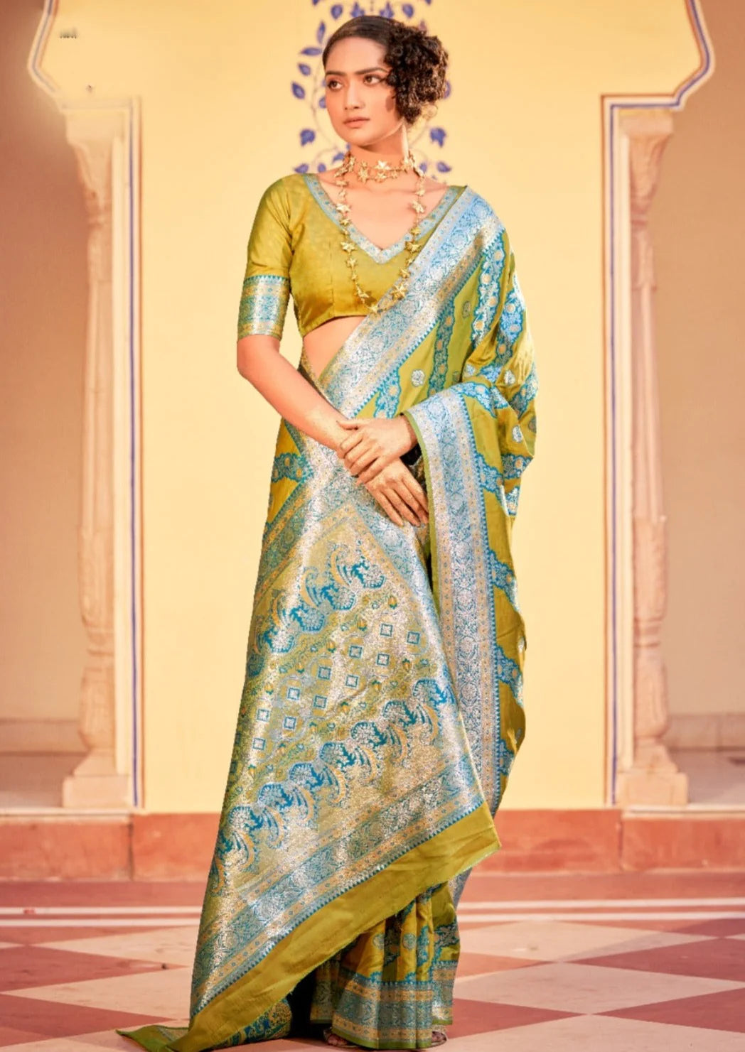 Banarasi silk mustard yellow saree online shopping usa.