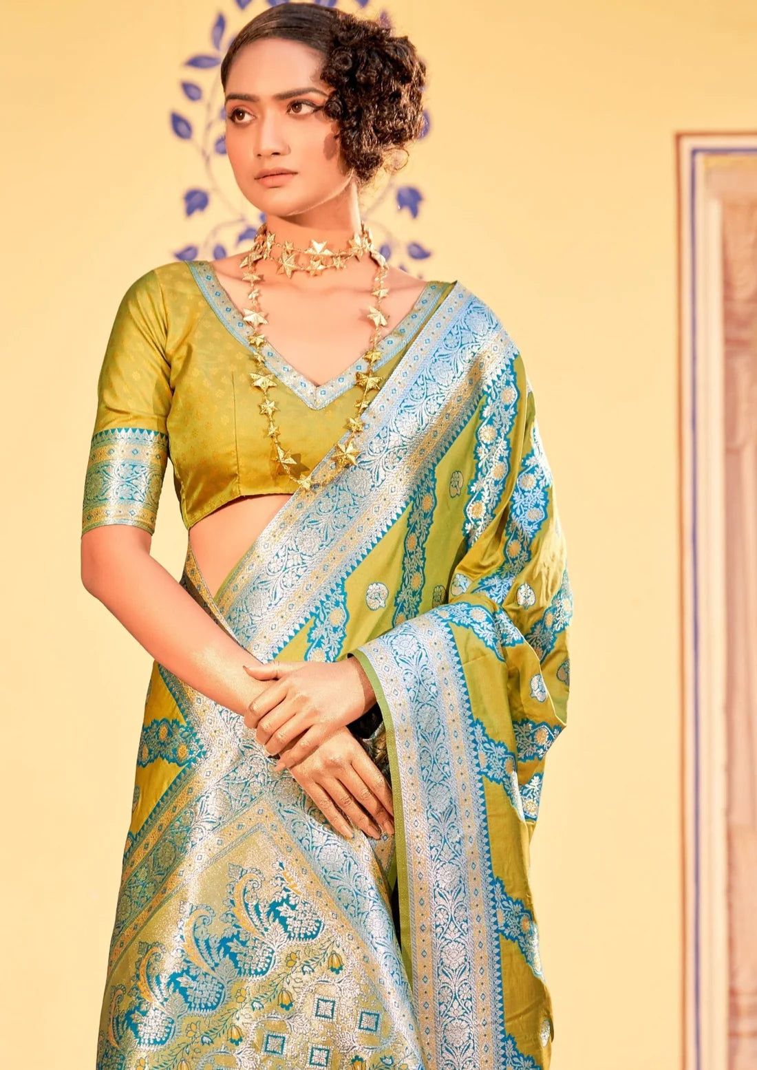 Banarasi silk mustard yellow saree online shopping india.