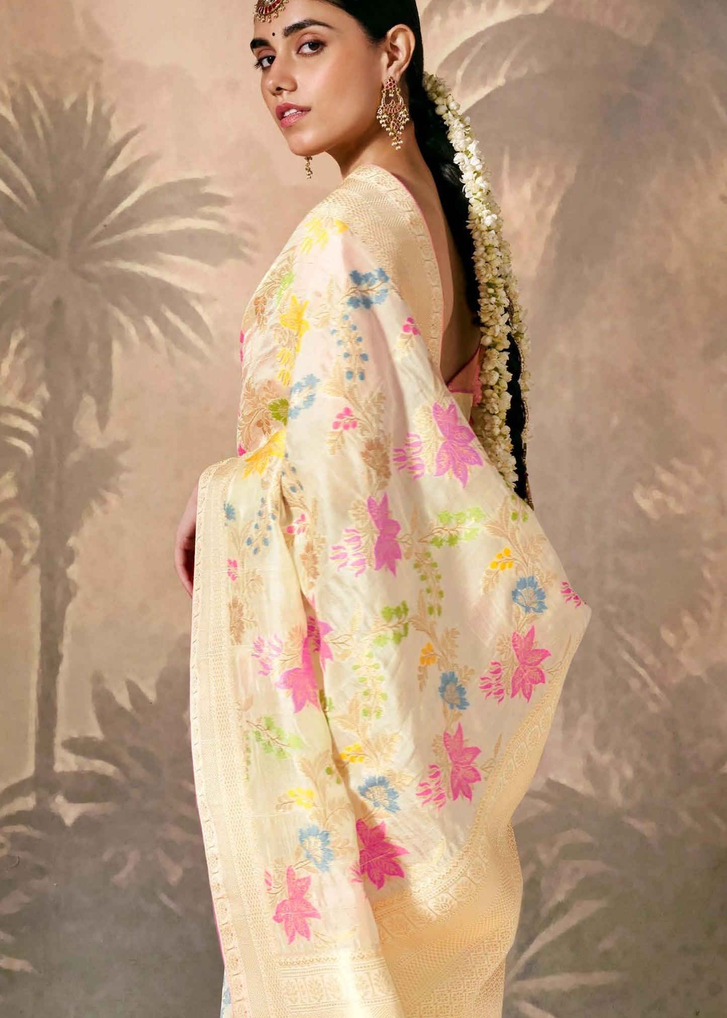 Banarasi Silk Off White Handloom Saree with Contrast Pink Blouse