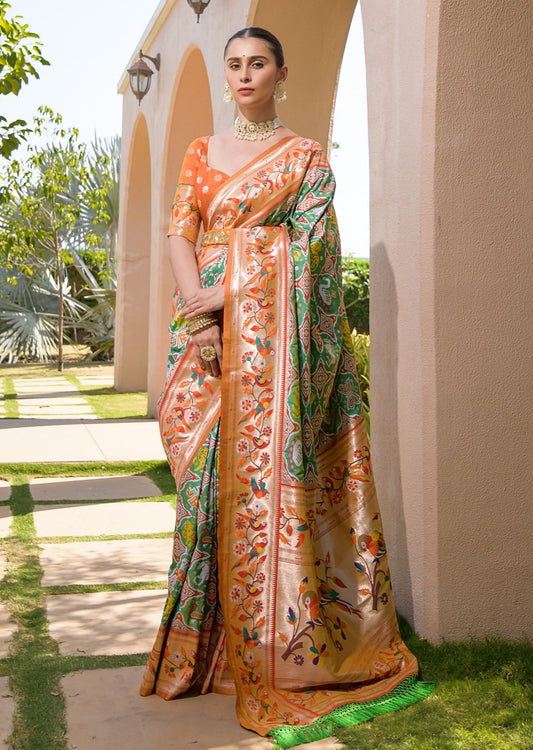 Banarasi handloom silk patola paithani fusion green saree usa online shopping with price.