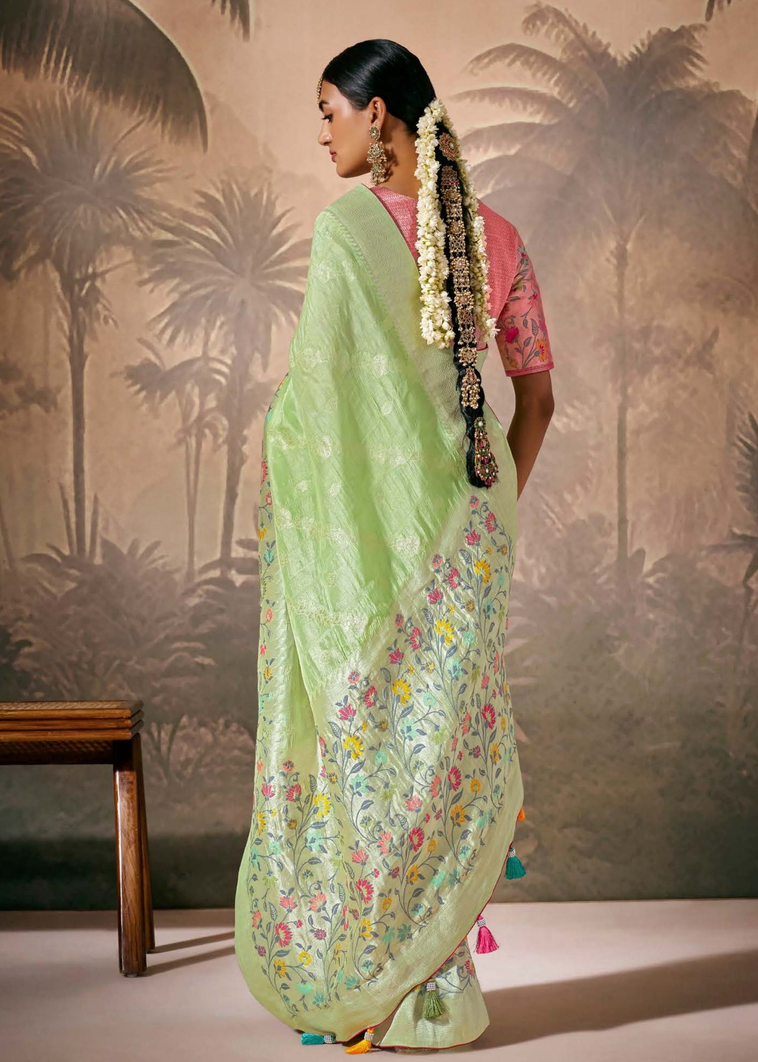 Banarasi handloom silk pista green saree online shopping for wedding function look having contrast pink blouse.