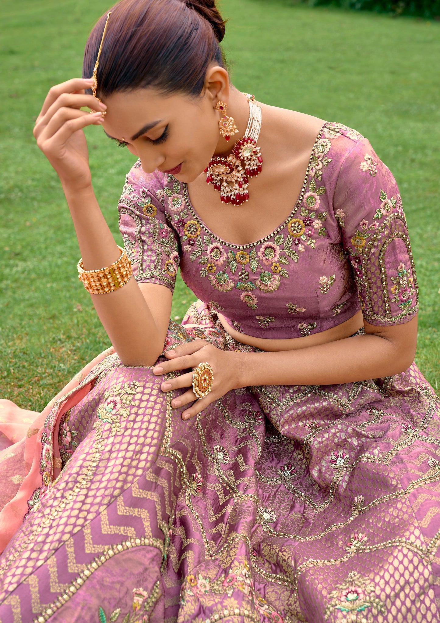 Banarasi silk purple designer lehenga choli traditional design for wedding online.