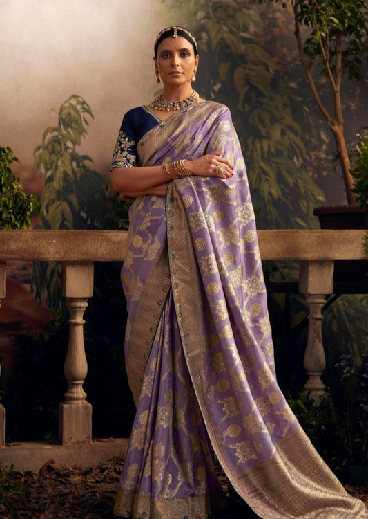 Banarasi silk purple bridal saree in usa available for online shopping, paired with contrast blue blouse and featuring handwoven zari weaving.