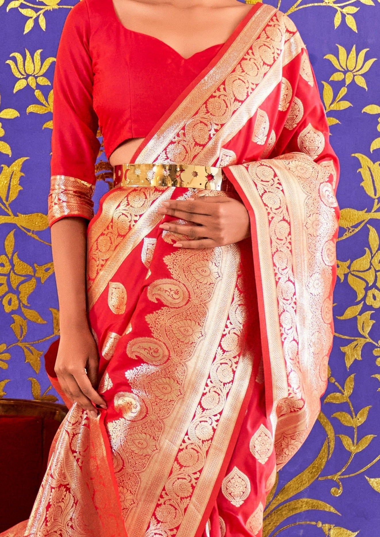 red bridal banarasi silk gold zari saree blouse design