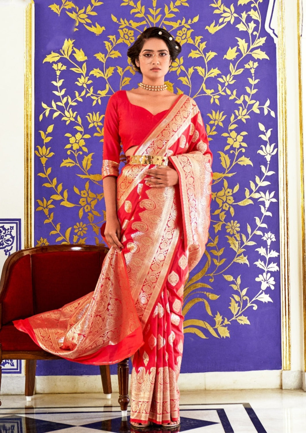 Bride in red banarasi silk zari saree.