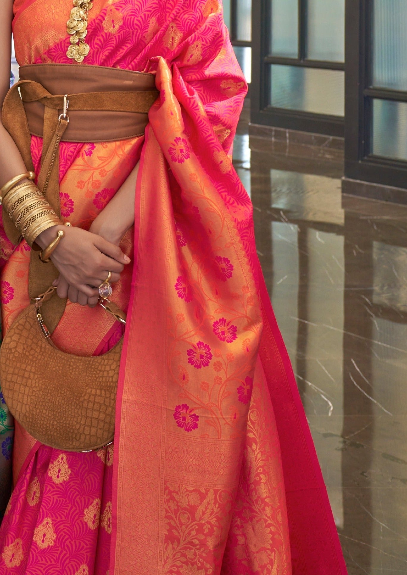 Banarasi Silk Rose Pink Bridal Saree design with gold zari