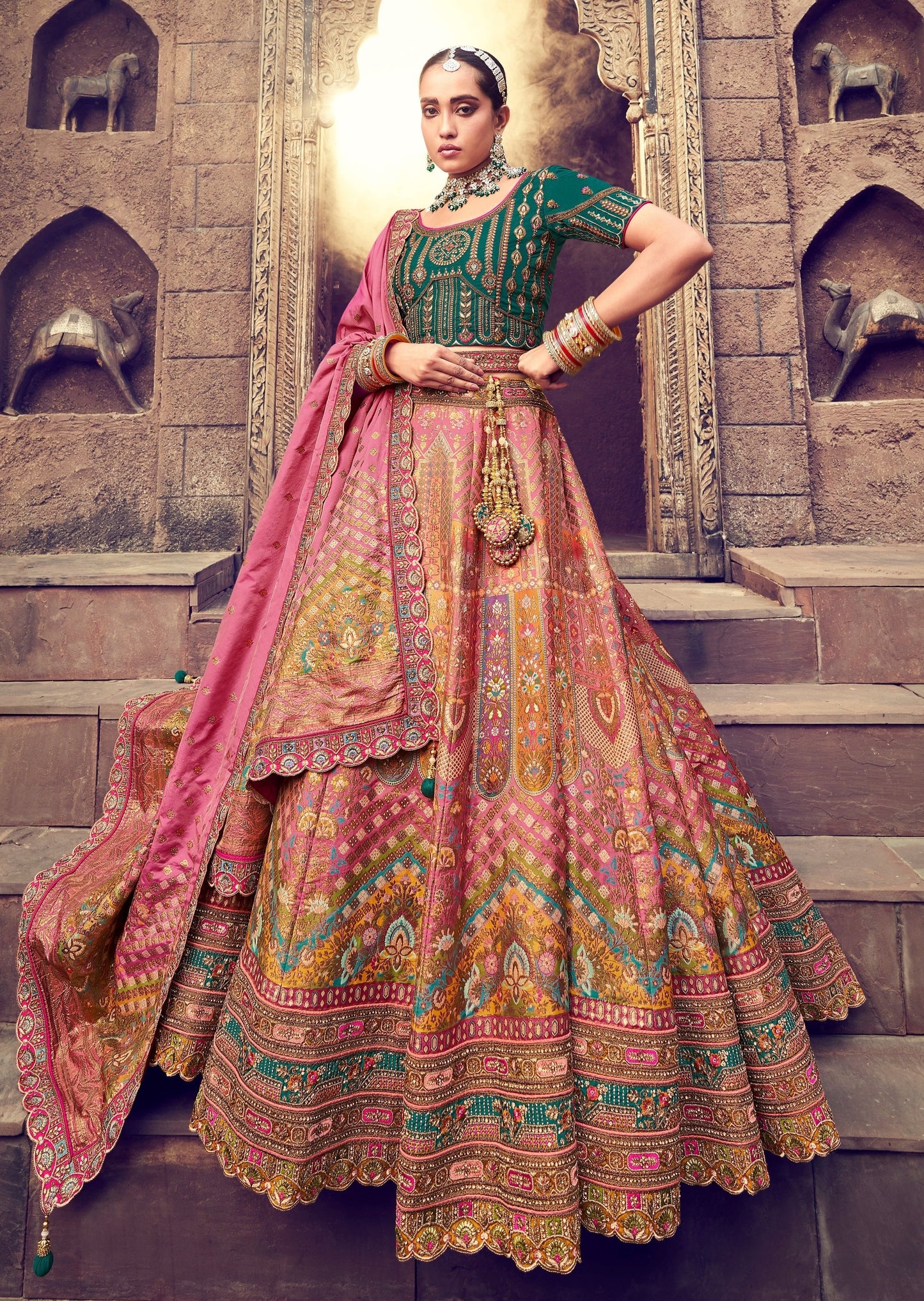 Banarasi Silk Unstitched Bridal Lehenga Choli (Green & Pink)
