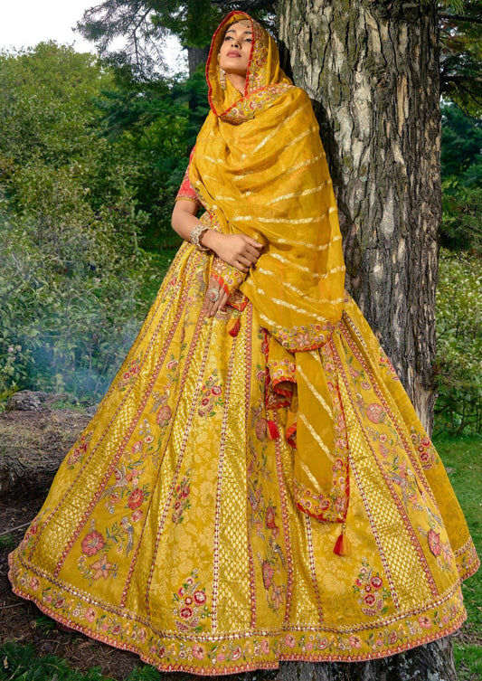 Banarasi Silk Unstitched Yellow Bridal Lehenga Choli